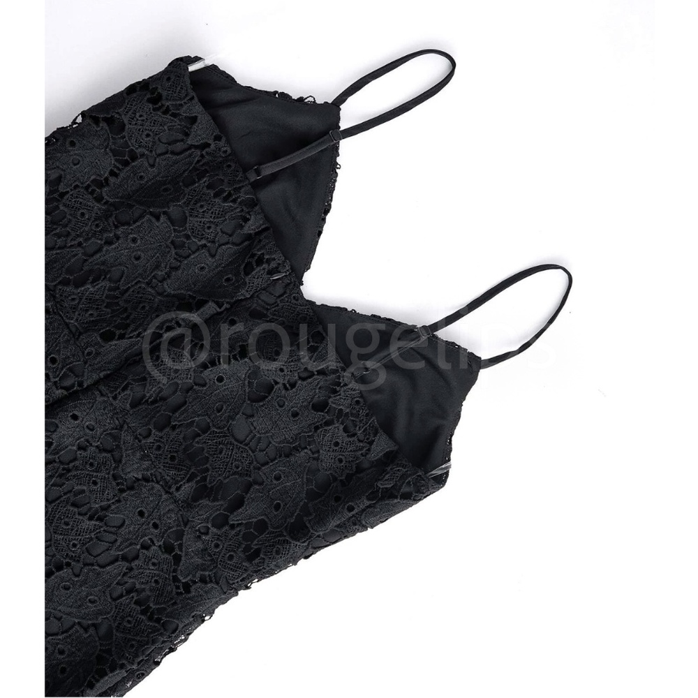 Black Guipure Lace Bodycon Dress Cami V-Neck Knee to Midi - Picture 7 of 12
